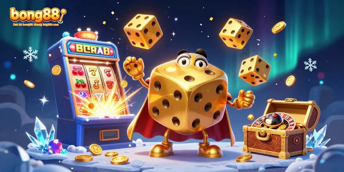 Engaging illustration showcasing bong88 🎖 link vào bong88 không bị chặn ❤ vào bong88 com with golden dice and slot machines.