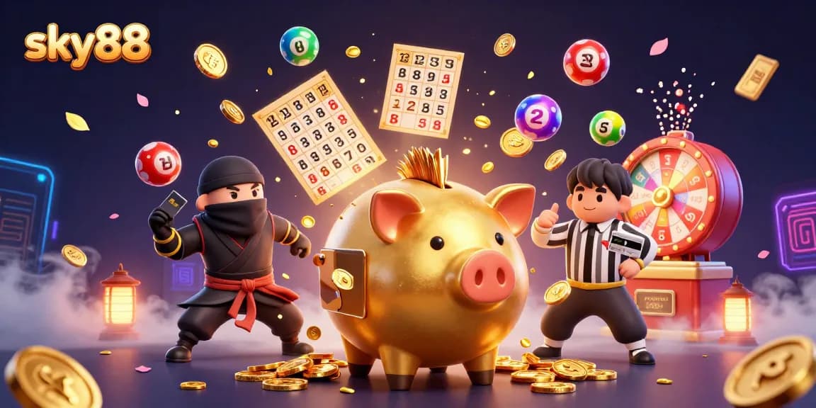 Join the action at sky88 with a dynamic scene featuring lottery balls, a sumo wrestler, and betting excitement.