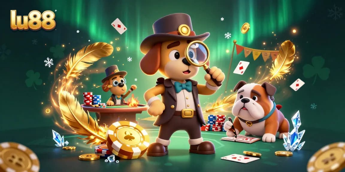 lu88 detective discovers golden poker chip clues surrounded by swirling casino elements and vibrant atmosphere