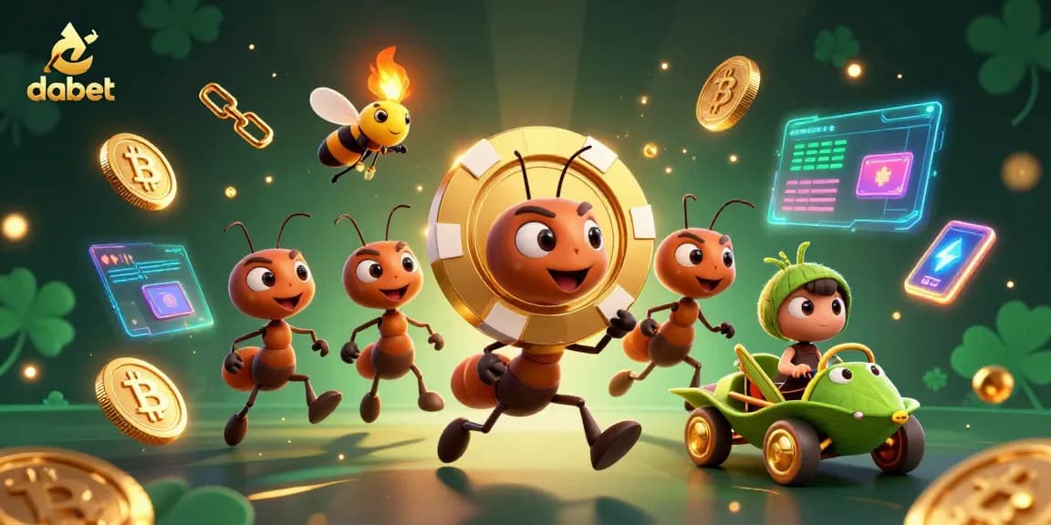 dabet showcases an adventurous scene with ants heisting a giant poker chip, illuminated by crypto elements and vibrant casino marketing