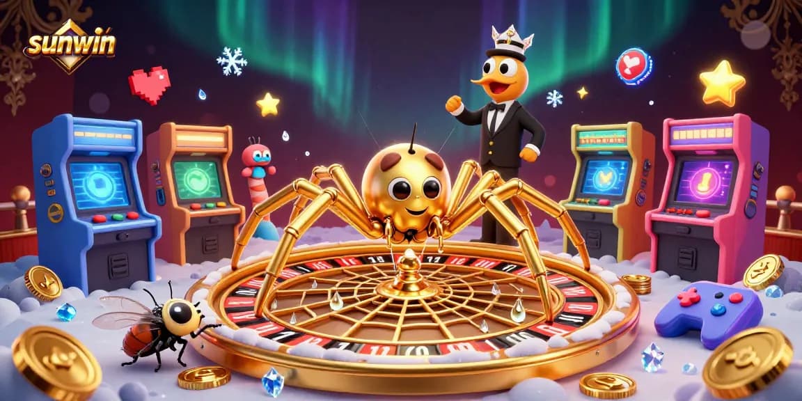 Sunwin casino illustration featuring a golden spider spinning a roulette wheel web and a centipede croupier.
