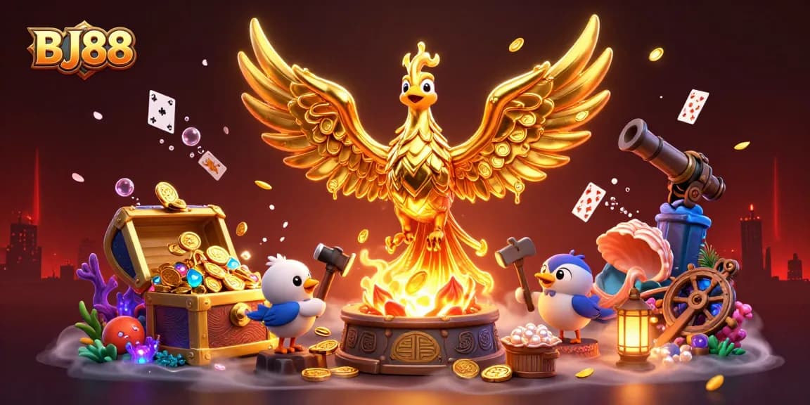 BJ88 visuals showcasing a molten metal phoenix and treasures, conveying the thrill of online betting.