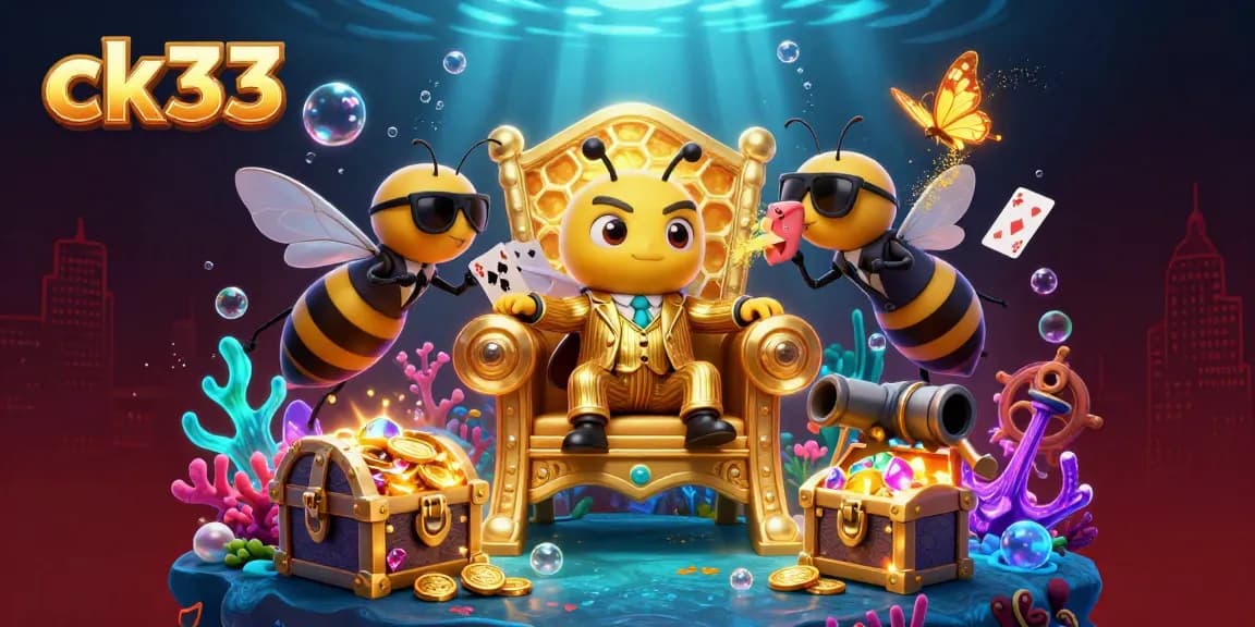 Experience ck33 with a vibrant underwater treasure hunt featuring a bumblebee mob boss and floating playing cards.