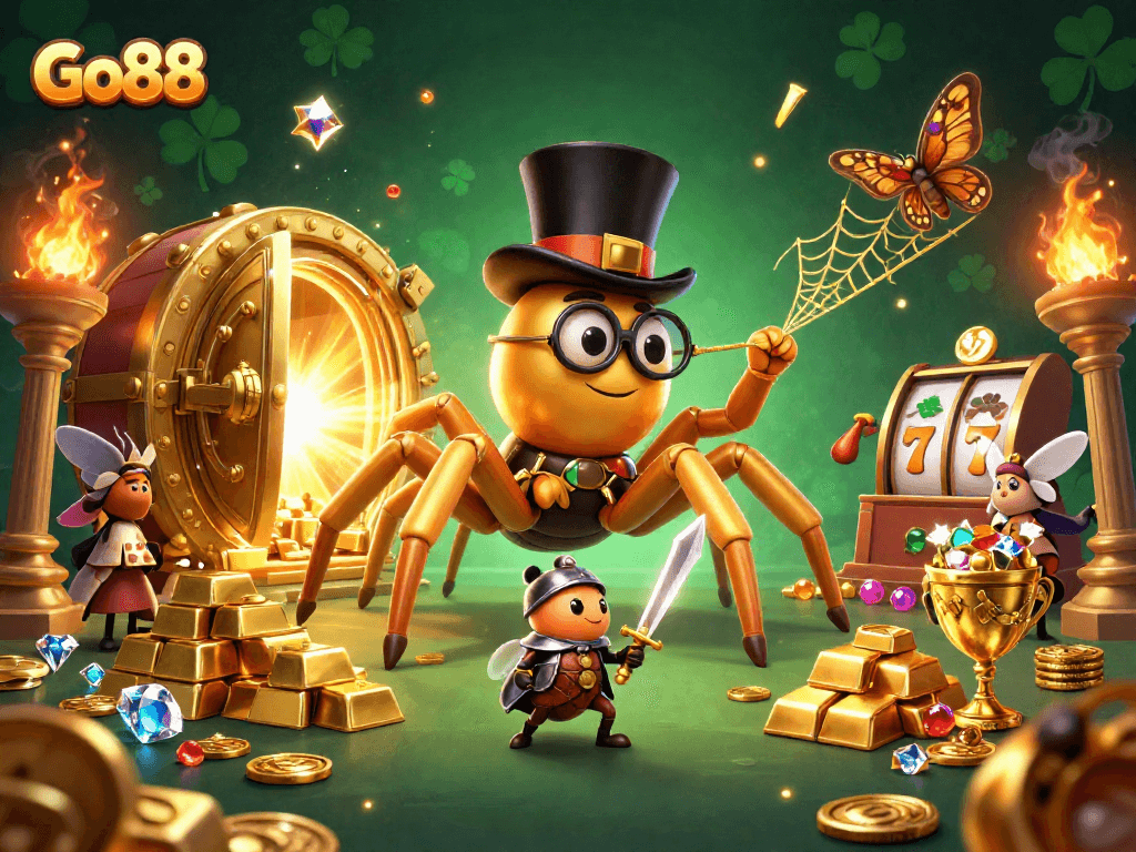 Engage with Go88's vibrant cartoon casino scene featuring unique characters and golden treasures.