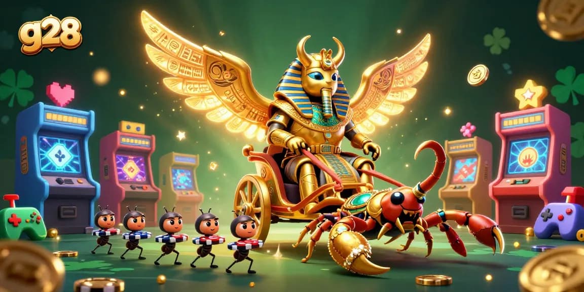 Engage with g28's exciting gameplay featuring a colossal scarab beetle in a lively casino scene.