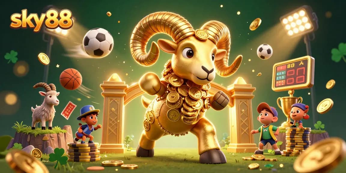 Experience the excitement of sky88 with a dynamic scene featuring a golden ram charging through a gaming gateway.