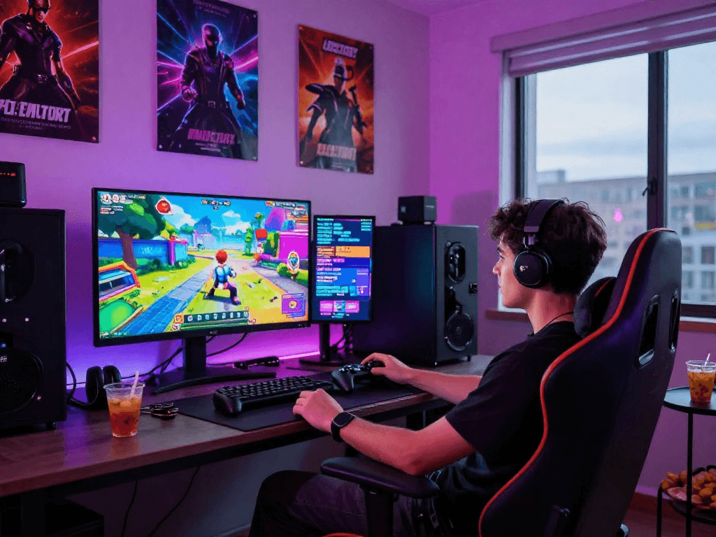 Player enjoying entertaining porn games in a cozy gaming lounge atmosphere.