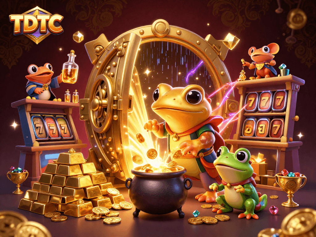 Engage with TDTC's vibrant casino scene featuring gold elements, slot reels, and an alchemist's magic.