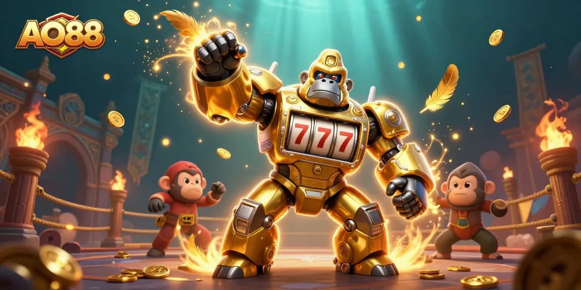 Experience immersive gaming at AO88 with a dynamic golden gorilla mech and thrilling casino elements.