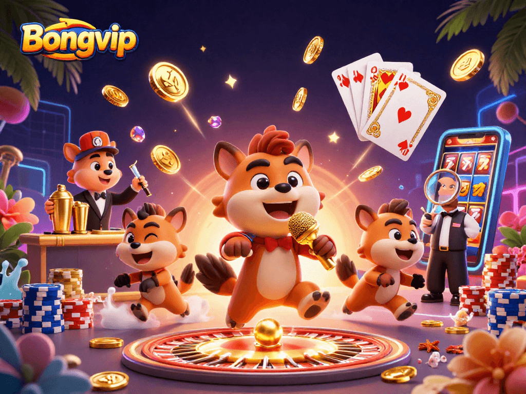 Bongvip enriches gameplay with interactive 3D casino fun, showcasing lively hyenas in various roles.