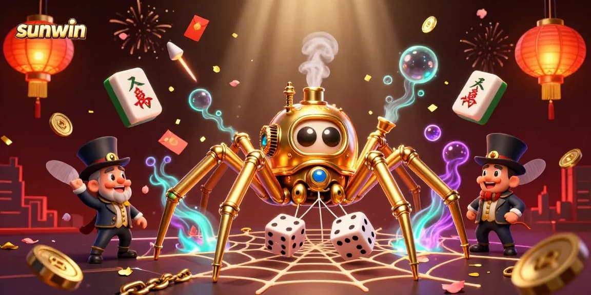 Engage in a sunwin gaming adventure with a steampunk spider and vibrant casino elements.