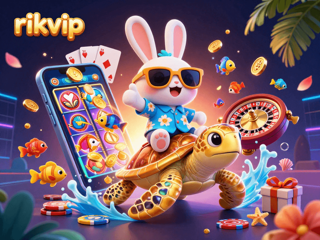 Experience luck and adventure with rikvip: a charming rabbit and golden turtle in a vibrant casino scene.