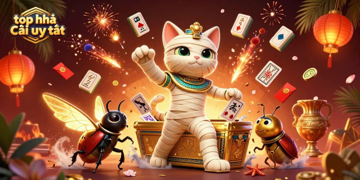 Experience top nhà cái uy tín with a vibrant 3D casino scene featuring an Egyptian mummy cat and scarab beetle.