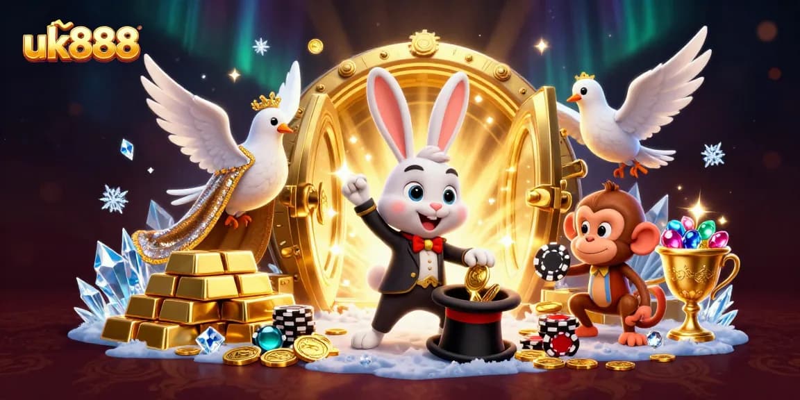 uk888's magic world unveils treasures with a magician, dove, and playful monkey in a dazzling casino setting.
