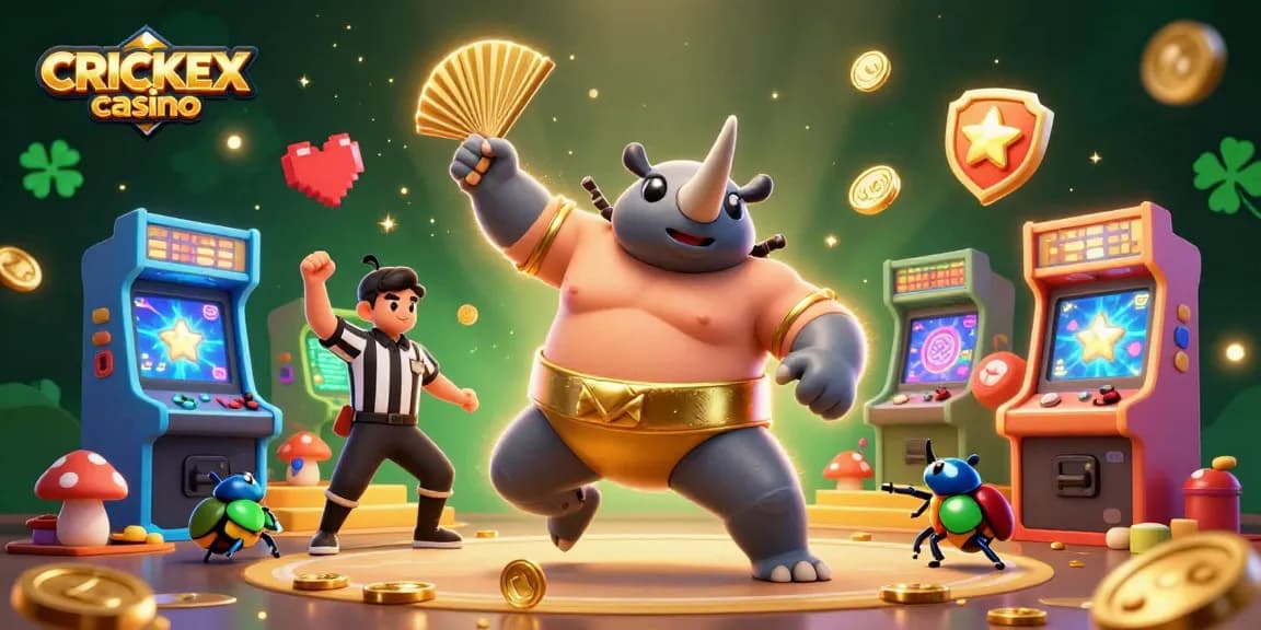 Engage with CRICKEX casino featuring a lively scene with cartoon beetle characters enjoying the betting atmosphere.