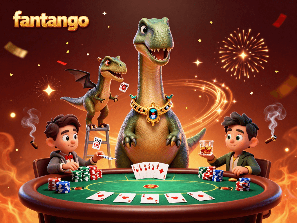 Play fantango with a towering brontosaurus watching the poker table and a clever raptor dealing cards.