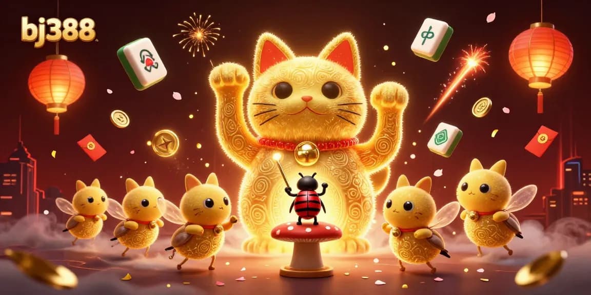 Engage with the enticing bj388 experience, showcasing a lucky cat and casino symbols in a vibrant 3D scene.
