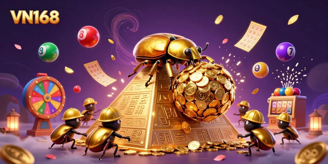 Experience the thrilling VN168 lottery as golden beetles prepare their winning strategy amidst vibrant game elements.