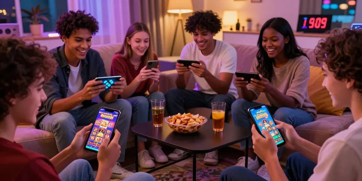 Engaging players enjoying slot games on mobile devices, highlighting depo pulsa 10k tanpa potongan.