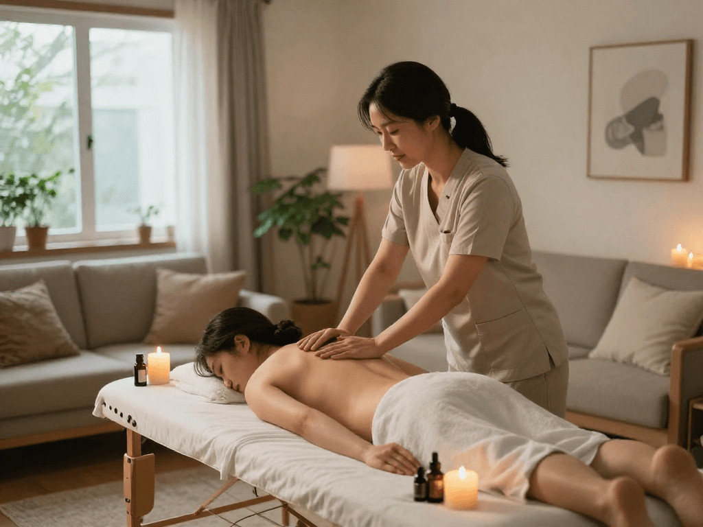 의정부출장 luxury home massage service in a calming environment, showcasing a professional therapist and client.