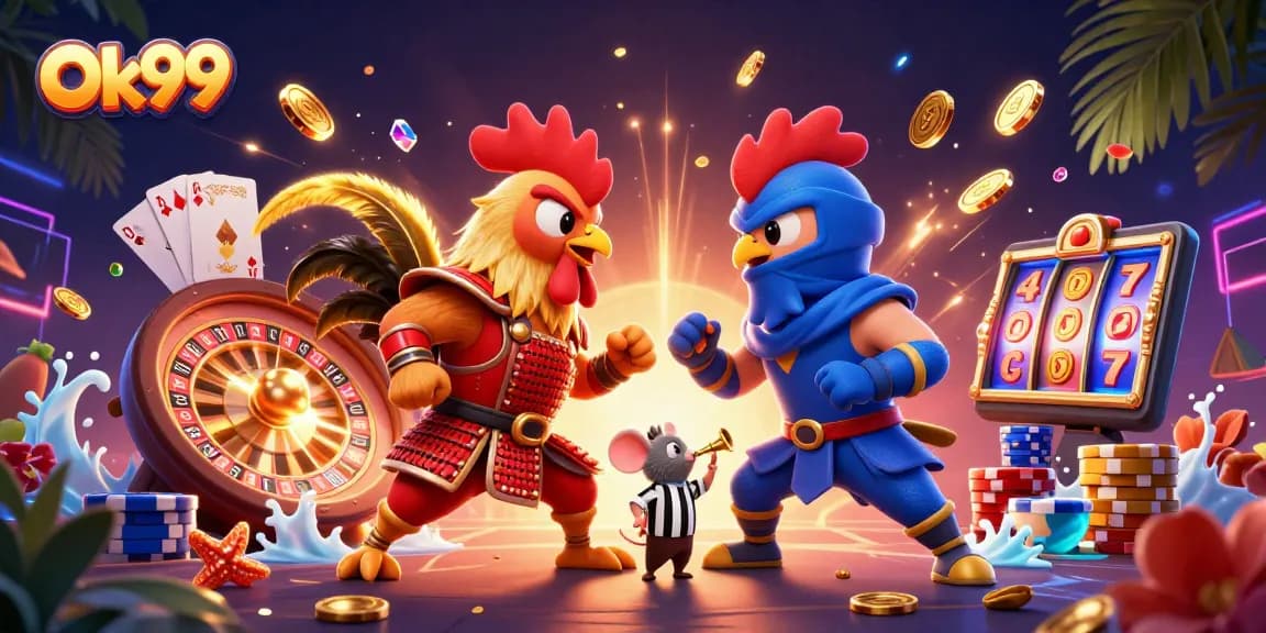 Win big at Ok99's thrilling fights with samurai and ninja roosters amidst casino excitement.