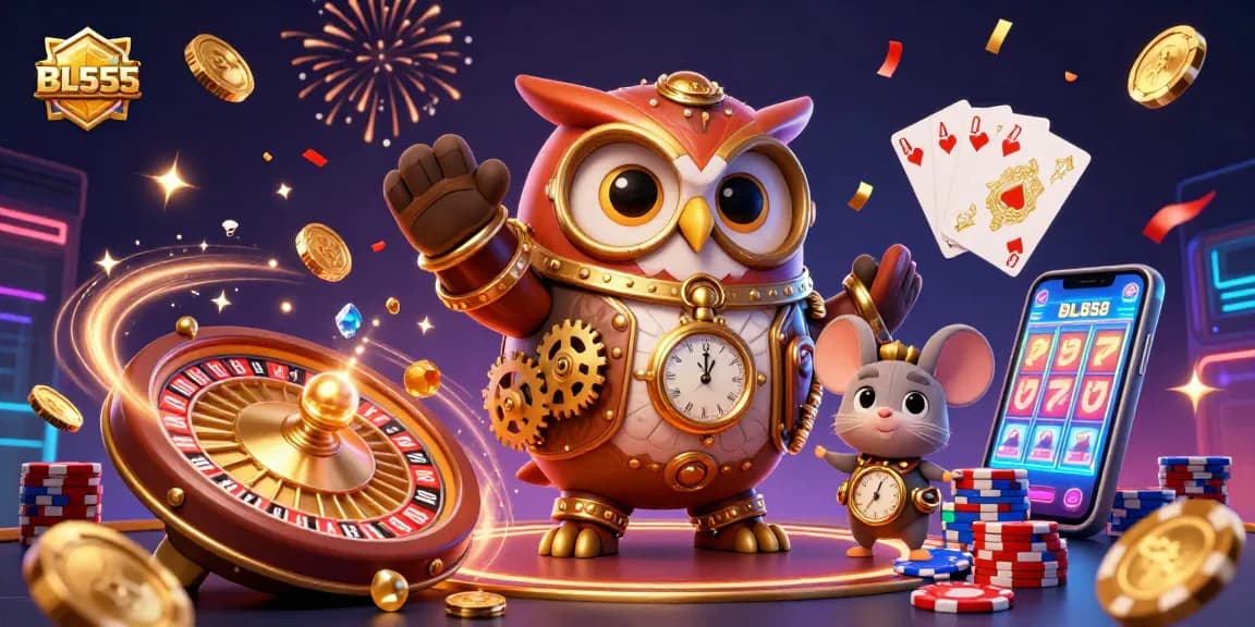 Engage in thrilling casino fun with BL555, showcasing vibrant games and characters amidst cascading coins.