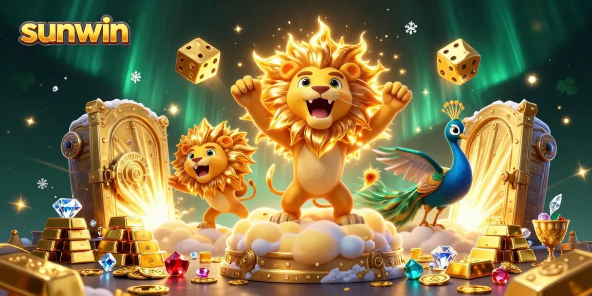 Join the sunwin experience with a roaring lion and golden dice in a vibrant casino scene full of treasures.