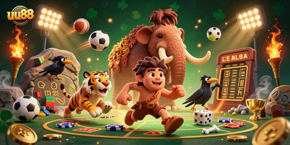 uu88 brings thrilling prehistoric casino action with a caveman and sabertooth duo amidst vibrant sports bets.