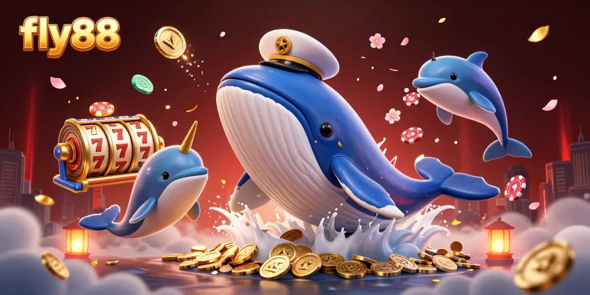 Experience the thrill of gaming at fly88 with a vibrant 3D whale and casino elements dancing through coins.