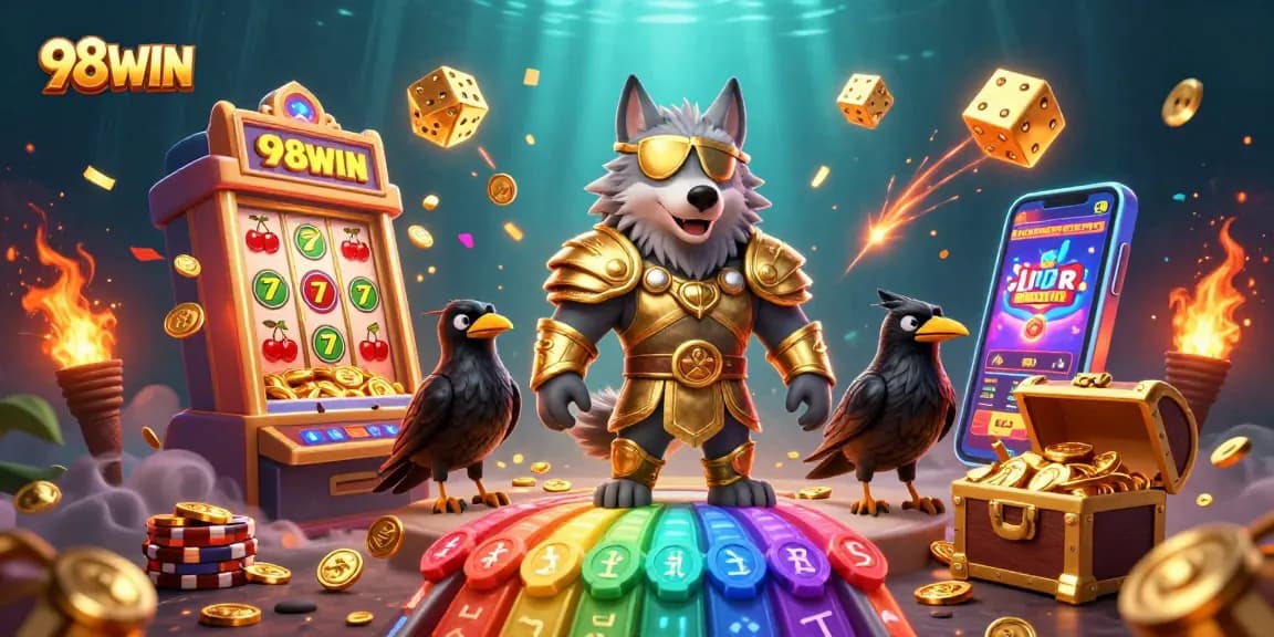 Experience 98WIN's vibrant slots scene with a jackpot explosion and golden elements.