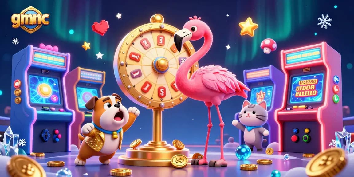 Join the excitement with gmnc as the flamingo host spins for prizes in a vibrant casino scene.