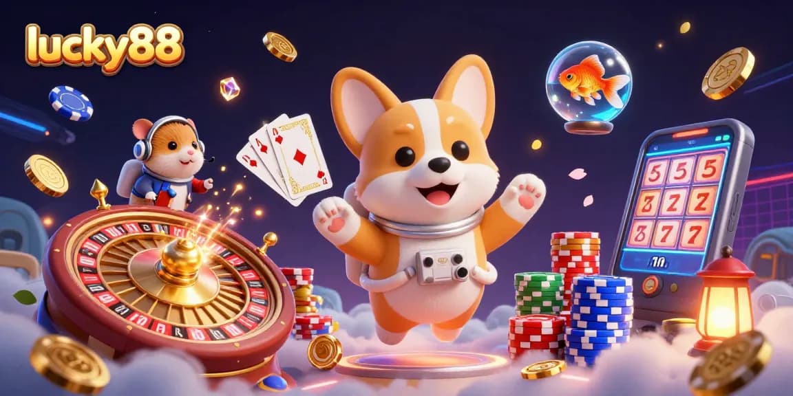Engage with lucky88's thrilling gameplay featuring a 3D cartoon astronaut corgi in a dynamic casino scene.