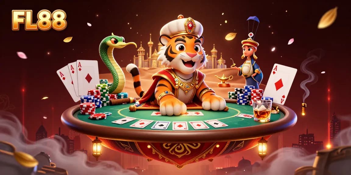 Experience FL88's thrilling atmosphere with a vibrant 3D casino scene featuring an Arabian sultan and poker elements.