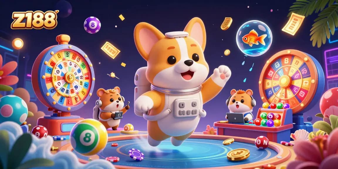 Experience z188's thrilling casino atmosphere with playful characters and vibrant game elements.