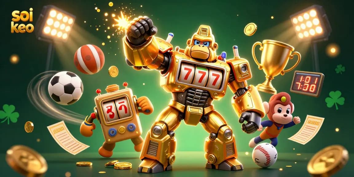 Soi keo offers a dynamic scene with a golden gorilla mech and sports balls, emphasizing sports betting entertainment.