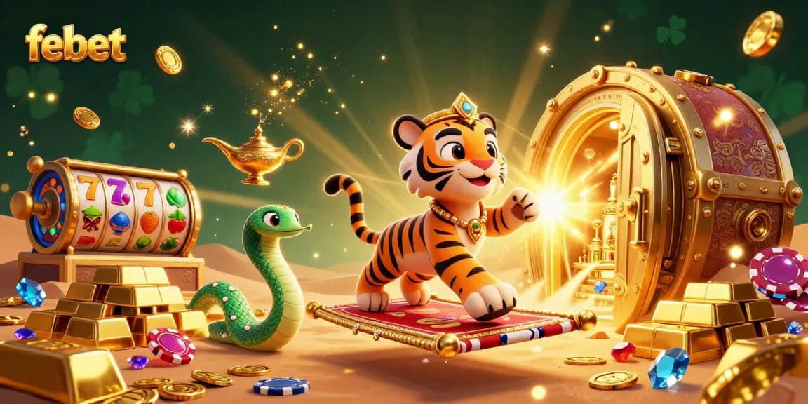 Engage with febet’s thrilling slots experience featuring a dynamic Arabian Nights theme with a sultan and treasures.