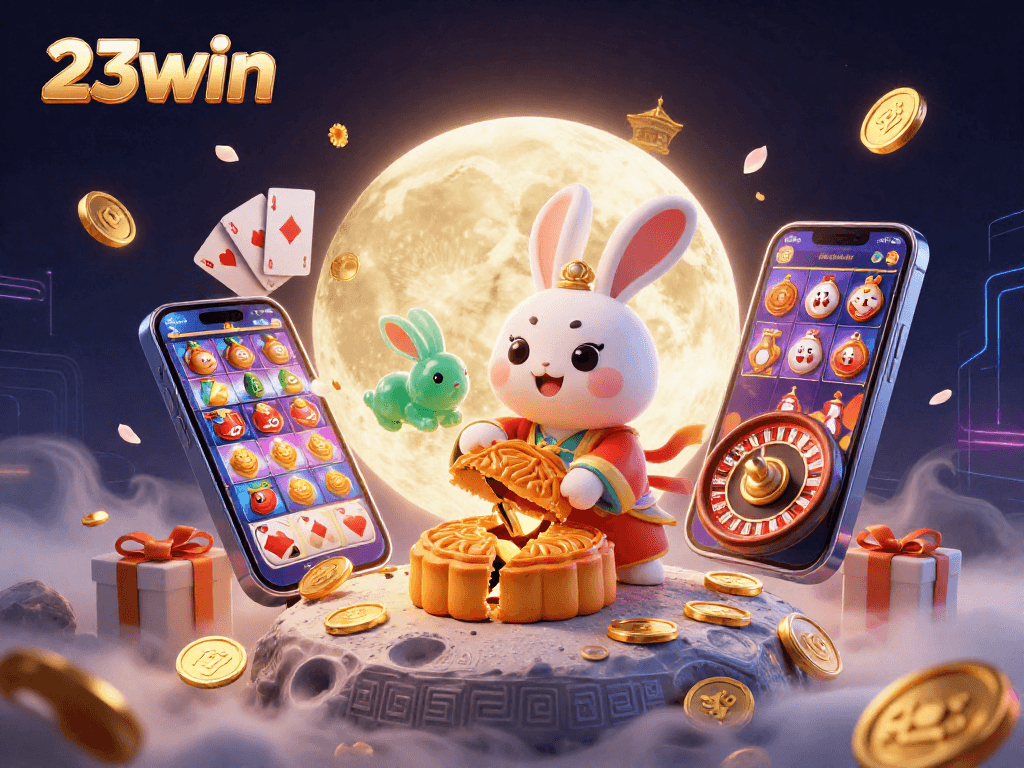 Experience the thrill of 23win casino with a moon rabbit surrounded by rich gambling elements.