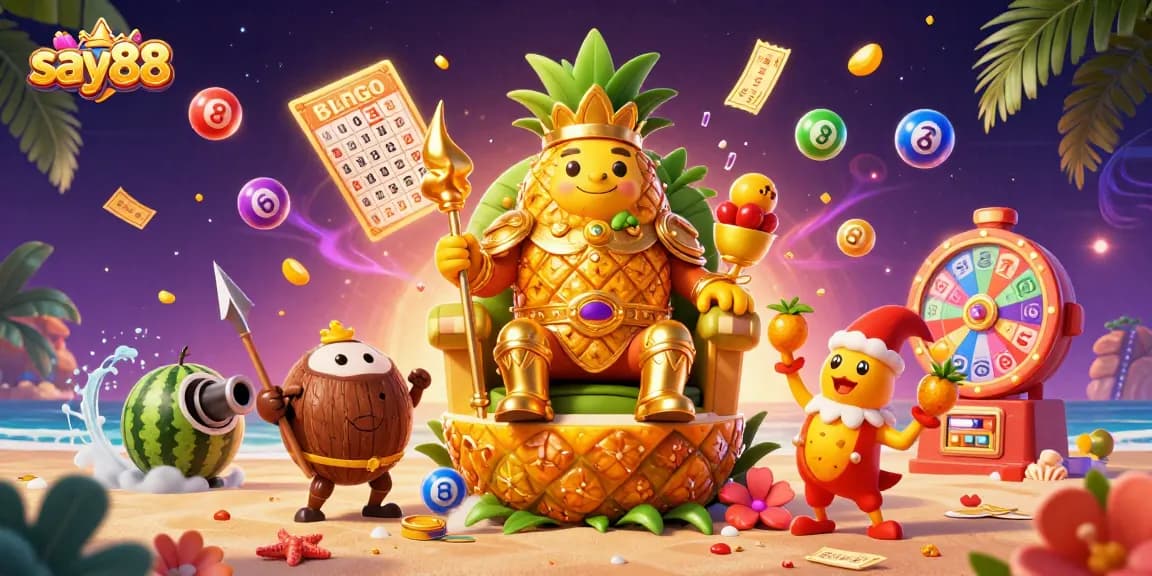 Spin and win with say88's vibrant 3D casino illustration showcasing exciting games and rewards.
