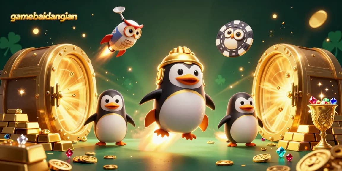 Experience the magic of gamebaidangian with a dazzling 3D cartoon casino scene, featuring a penguin blasting through space.