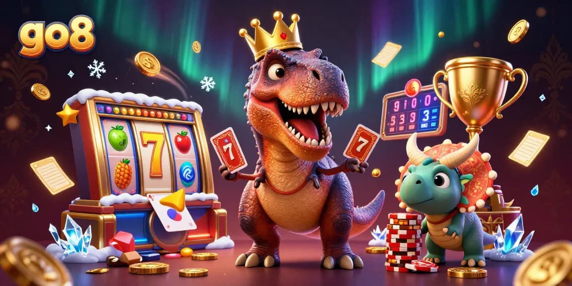 Engage in thrilling gaming action at go8 with a cartoon T-Rex and friends in a vibrant casino scene.