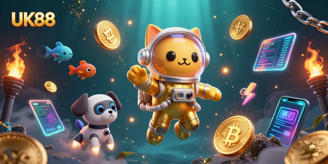 Experience thrilling gameplay with UK88's vibrant casino universe, featuring animated avatars and crypto elements.