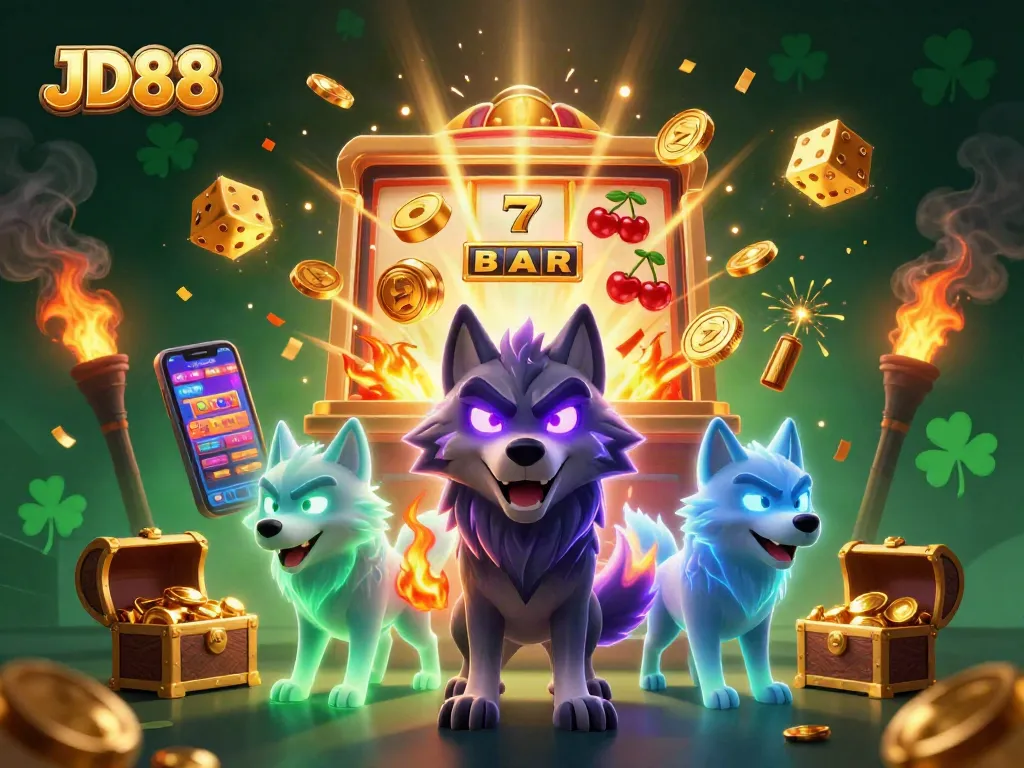 JD88 captures thrilling casino action with a ghostly wolf pack amidst exploding jackpots.