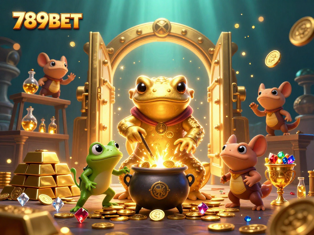 Experience thrilling gameplay at 789BET with golden treasure and alchemist characters in enchanting casino scene.
