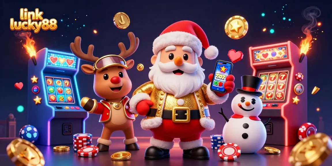 Win big with link lucky88 in this vibrant 3D casino illustration featuring Santa, reindeer, and their snowman friend.