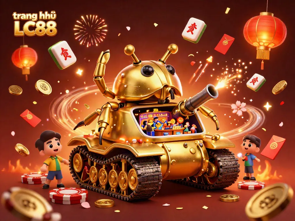 Experience the vibrant gaming scene at trang chủ LC88 with a golden beetle tank revealing a miniature casino.