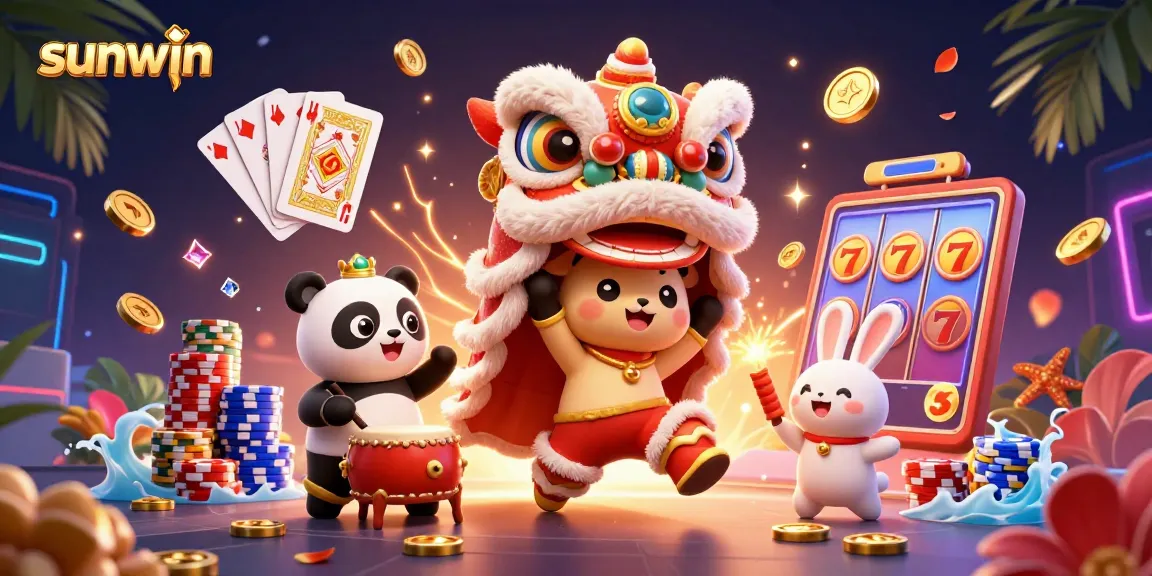 Experience winning moments at sunwin with vibrant characters celebrating amidst casino elements.