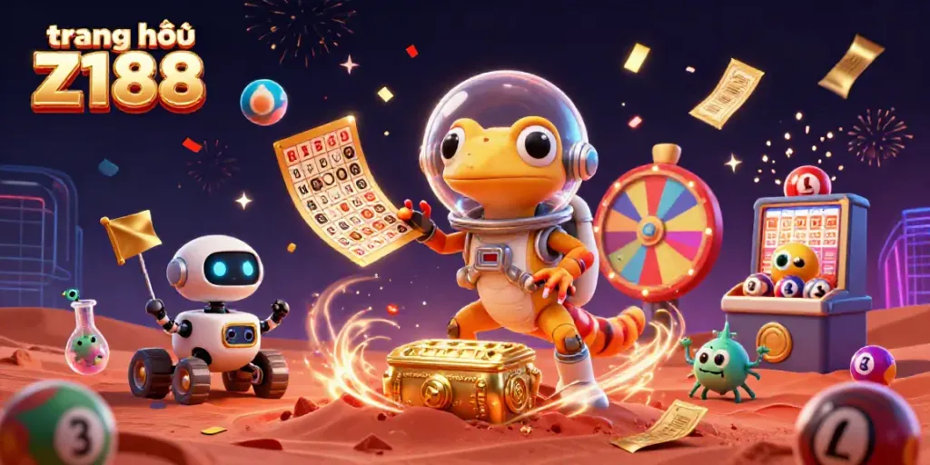 Experience the excitement at trang chủ Z188 with a vibrant 3D casino illustration featuring a Martian gecko and alien characters.