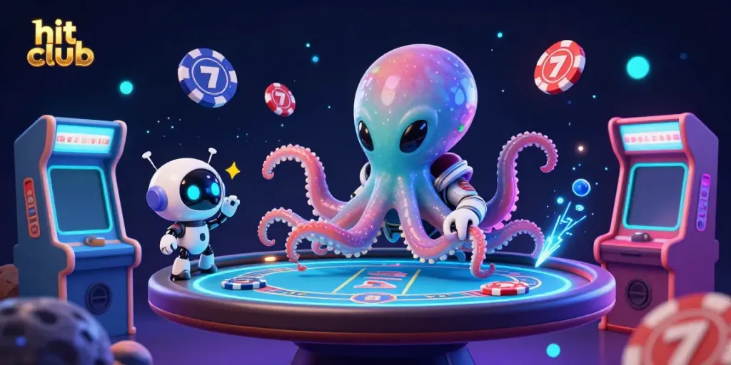 Experience excitement at hit club with a charming alien octopus at a holographic poker table surrounded by vibrant gaming elements.