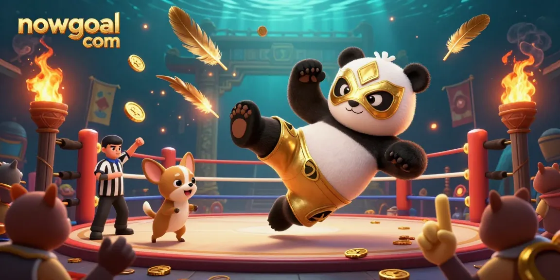 Experience thrilling sports betting action with nowgoal com featuring a dynamic panda and cheering crowd in an exciting arena.