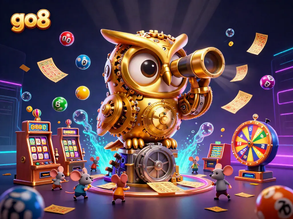 Experience the vibrant casino scene with go8's captivating 3D illustration featuring a golden owl.